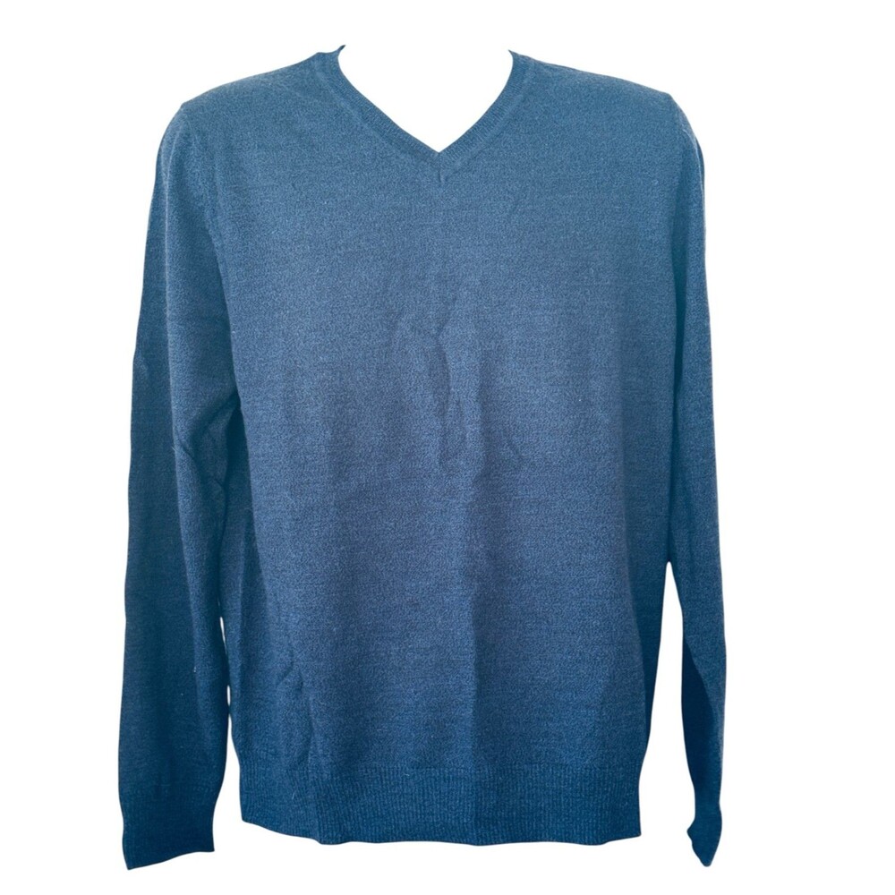 APT 9 Men L V- Neck Sweater Merino Wool Blend Navy Blue Pullover Soft Luxury